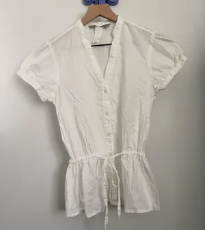 Y2K XS White‎ Sheer Drawstring Button Up Blouse V Neck Puff Short Sleeve Office thumbnail 1