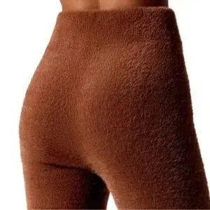 Carbon38 Fuzzy Eyelash Flare Lounge Pants in Cappuccino Brown Small Cozy Knit thumbnail 3