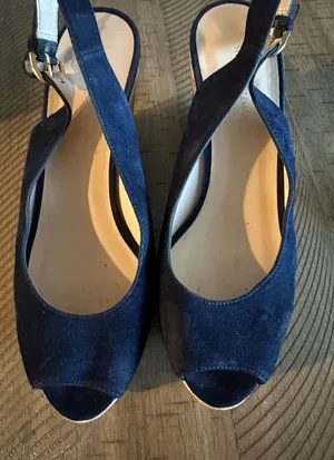 Stuart Weitzman Navy‎ Suede Peep-Toe Cork Wedge Slingback Sandals - Size 9b thumbnail 1