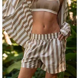 Aerie Cotton Striped Pull On Smocked High Waisted Shorts Beige White Large thumbnail 1
