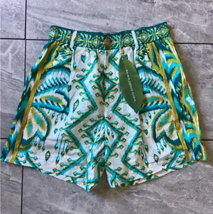Farm Rio Tropical Tapestry Sand Shorts Teal Yellow Ikat Print Linen Blend S NEW thumbnail 1