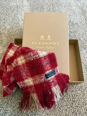 Burberry Red and Cream Checked Fringe Scarf thumbnail 1