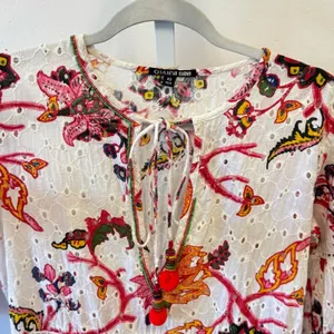 Gianni Bini 3/4 Sleeve Mini Dress‎ Babydoll Tassels Cotton Boho Floral Eyelet XS thumbnail 9