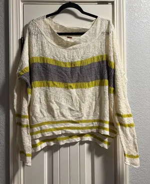 Free People Sweater Womens Large Cream Striped Open Knit Boho Scoop Neck Pullo thumbnail 1