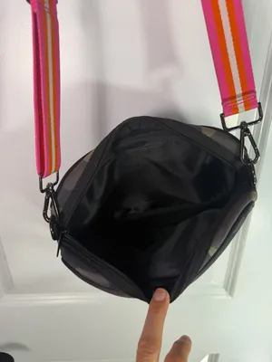 Neoprene Crossbody Bag Camo Green with Pink and Orange Striped Strap thumbnail 4
