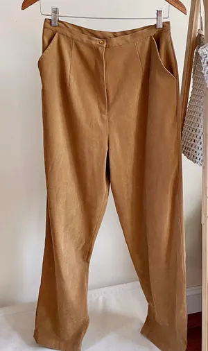 Vintage High Waisted Faux Suede Pleated Trouser Pants in Caramel - 28 thumbnail 1