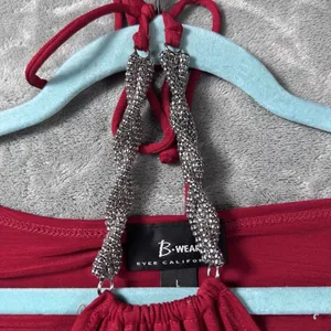 Y2K Red Halter Top Large Tie Neck Beaded Babydoll Tank Glam Embellished Date thumbnail 4