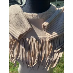Rockin C Fringe Yoke Crewneck Sweater Beige Western Cowgirl Cozy Fall thumbnail 4