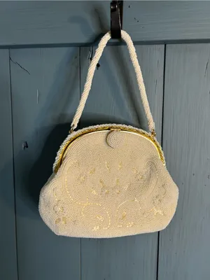 Vintage 1950’s Beaded Ivory Evening Bag with Gold Accents - Made in Japan thumbnail 2