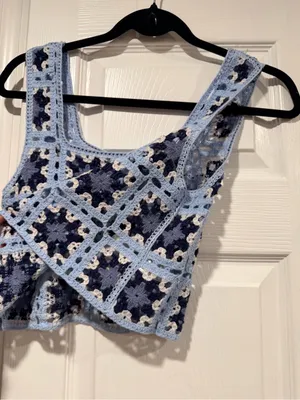 NWT FCT With Love Size S Blue Crochet Granny Square Tank Top Cropped Vest Boho thumbnail 4