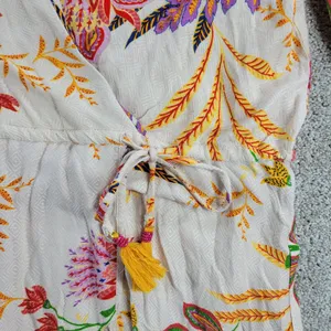 Blue Island Beach Wrap Dress M Cream‎ Red Floral Ruffle Hem Tie Waist New thumbnail 3