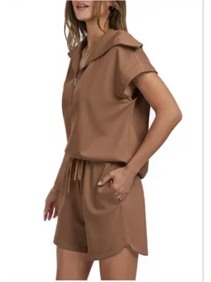 NEW 2 Piece Set Half Zip Lapel Collar Lounge Set Cap Sleeve Shorts Pockets S thumbnail 5