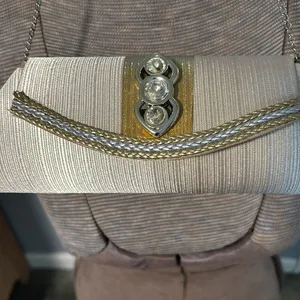 Vintage Cream Clutch with Gold magnetic closure chain strap evening bag thumbnail 3