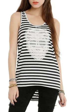 Hot Topic Black & White Striped Lace Sugar Skull Tank Top - Size Small - Hi-Low thumbnail 1