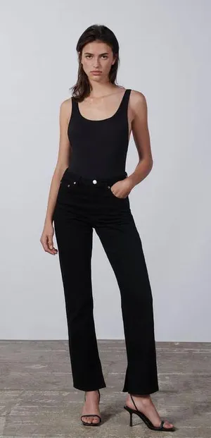 ZARA NWT black denim straight leg jeans with split hem thumbnail 4