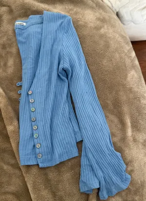 Reformation blue ribbed “Gellar” cropped cardigan thumbnail 1