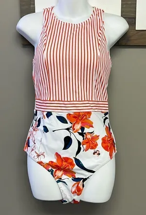 Cupshe One Piece Women’s Floral and Striped Pull-On High Neck Swim Suit-Medium thumbnail 1