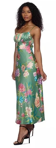 B Darlin Green Floral Satin Slip Midi Dress with Spaghetti Straps thumbnail 1