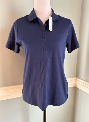 Lands' End Navy Short-Sleeve Button Polo thumbnail 1