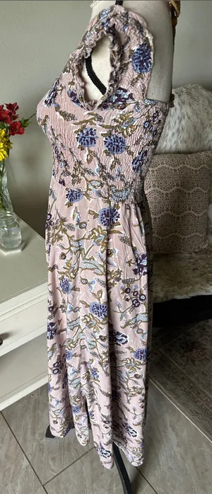 Angie Aawari nude blush, BoHo floral smocked maxi dress small thumbnail 1