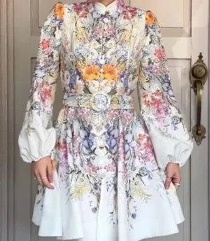 Miss Rosier Floral Long Sleeve Dress belted flare skirt thumbnail 1