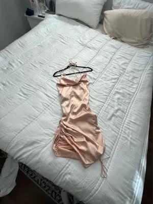 Leau Cabo gold satin adjustable strappy rouched mini dress M NWT thumbnail 11