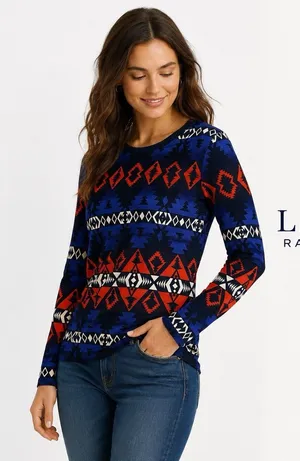 L-RL Ralph Lauren Active Aztec Shirt Women's Size M Blue Red Long Sleeve Top thumbnail 1