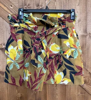 Zara Basic Women’s Small Floral Paperbag High Rise Shorts Belted Brown Yellow(93 thumbnail 1