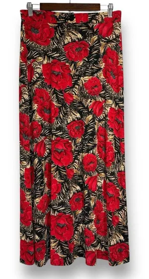 Vintage Y2K Maxi Skirt L Red Floral Tiger Animal‎ Print Slinky Stretch Pull On thumbnail 1