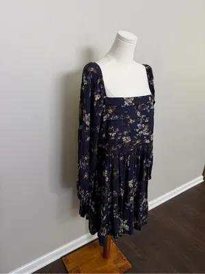 Arula Gracie Dress Fit & Flare Floral Square Neckline Pleats Smocked Ruffle Blue thumbnail 2