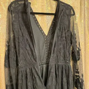 Black Lace Overlay Long Sleeve Floral Witchy Goth Boho Romantic Dress Medium thumbnail 9