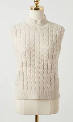 Entro Mock Neck Cable Knit Sweater Vest Cream Ivory Academia Preppy Large thumbnail 1