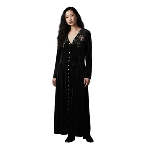 Vintage 90s black Gold embellished crushed velvet maxi whimsigoth emo glam thumbnail 2