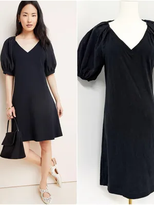 Maeve Anthropologie Annika Knit Mini Dress XS Black Puff Sleeve V-Neck thumbnail 2