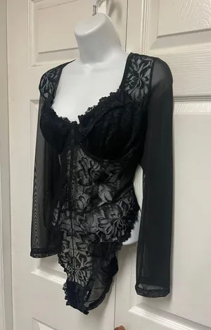 UNBRANDED Black Lace Bustier Sheer Mesh Sweetheart Neck Bodysuit thumbnail 6