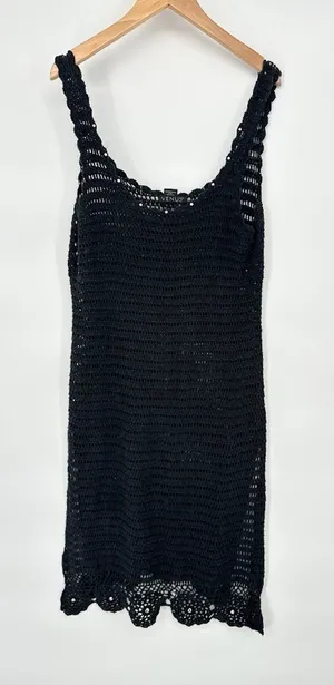 Venus Crochet Sweater Midi Tank Dress Medium Black Boho Grunge‎ Emo Silk Blend thumbnail 1