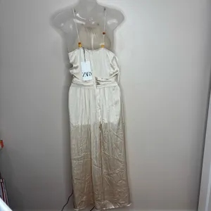Zara Ivory Satin Effect Beaded strapless dress Size small classic side slit NWT thumbnail 5