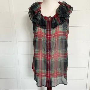 J. Crew Tartan Plaid Red Green Metallic Sheer Ruffle Button Tank‎ Blouse NWT S thumbnail 6
