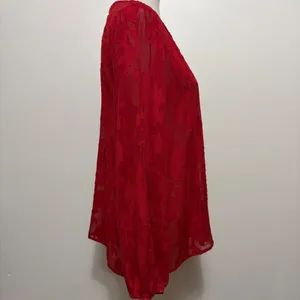 Maurices Blouse Large Red Floral Burnout Metallic Split Neck Pleated Peasant thumbnail 5
