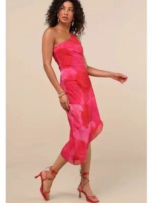 NWT Lulus Pretty Serene Pink Floral One Shoulder Asymmetrical Midi Dress - Med thumbnail 9