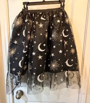Celestial Moon Stars Tulle Skirt Black Gold Silver Sheer Mesh S/M Whimsigoth thumbnail 1