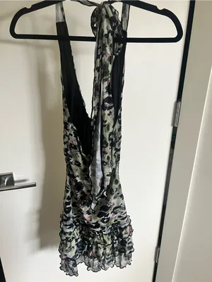 Halter Neck Ruffle Mini Dress - Green Leopard Print thumbnail 3