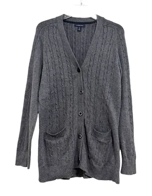 Lands End Womens S 6-8 Gray Cable Knit V-Neck Button Front Cardigan Sweater thumbnail 1