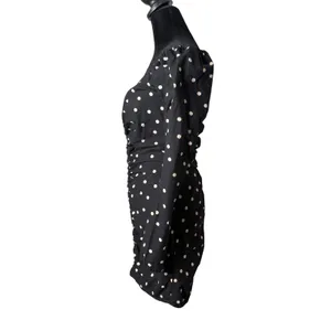 ASOS Polka Dot Ruched Mini Dress Sweetheart Neck Puff Sleeve Womens 4 Black Party thumbnail 5