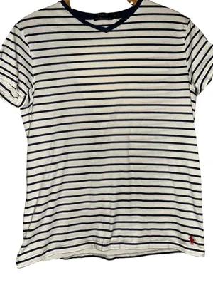 Ralph Lauren Navy and White Striped V‑Neck Tee thumbnail 1