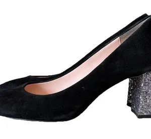 Kate Spade Black Suede Pumps Sparkling silver glitter Block Heel Womens Size 7.5 thumbnail 1