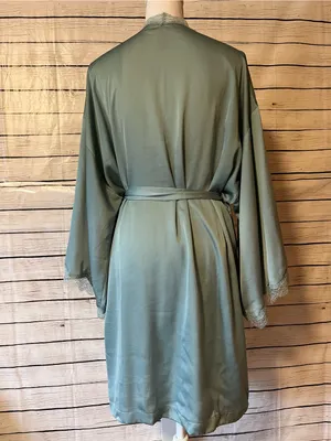 Victoria's Secret Satin Lace Trim Robe Sea-Foam Green Kimono Wrap Size M/L thumbnail 4