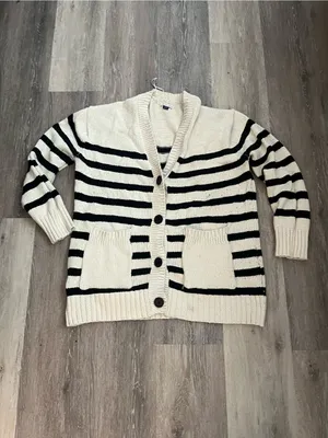 American Eagle Cardigan Womens Medium Ivory Black Striped Knit Shawl Collar thumbnail 2