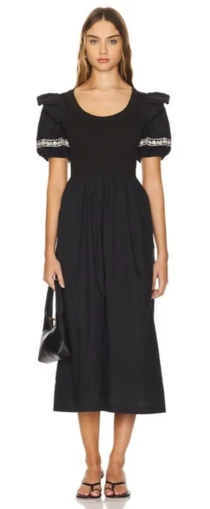 NWT!! CLEOBELLA‎ Selma Midi Dress Embroidered Black Ruffle Puff Sleeves X-Small thumbnail 1