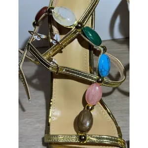 Cute formal Gold Strappy Stiletto Sandals Gemstone Beads Size 7 wedding prom thumbnail 5